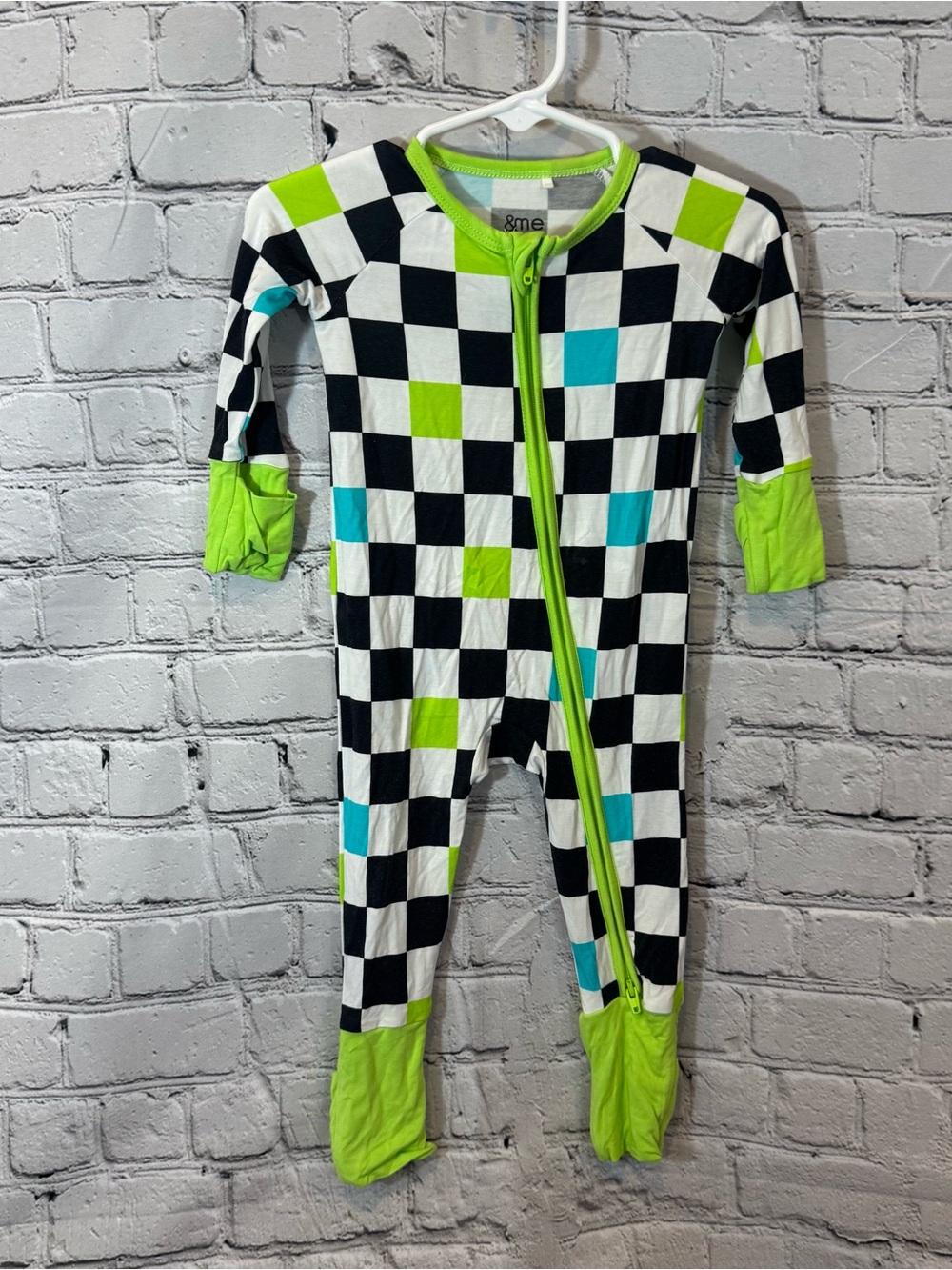 &Me Bamboo Checker Pattern Zippie Romper